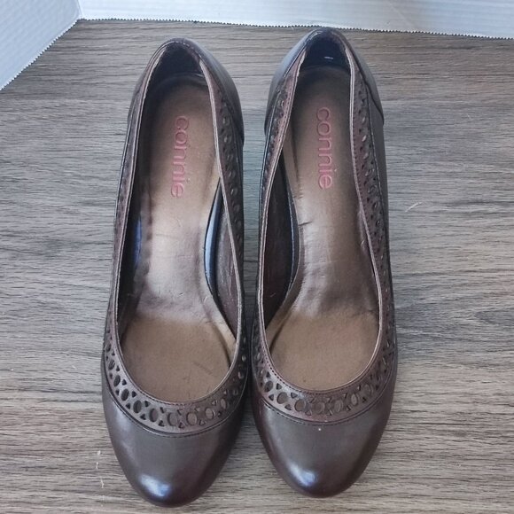 Connie High Heel Pumps Size 7 Brown Stacey Perforated Faux Leather Dressy Shoes - Picture 4 of 13